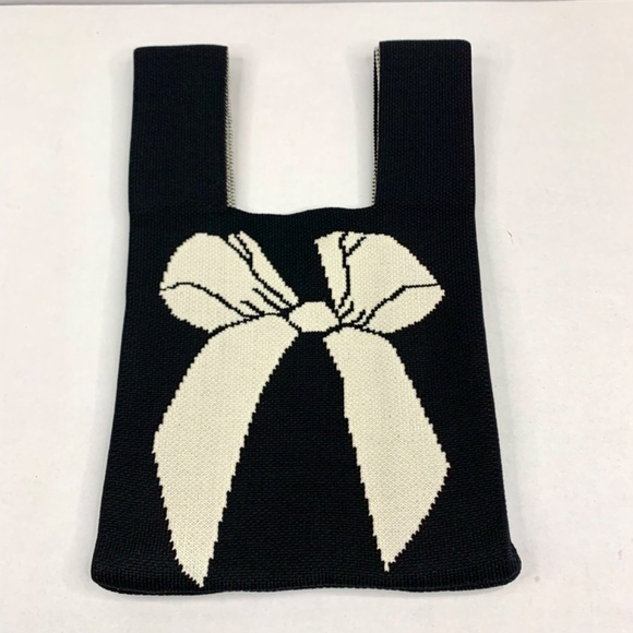 2 knit boho wrists purse totes, black white ribbon and lavender floral pattern - Picture 3 of 14